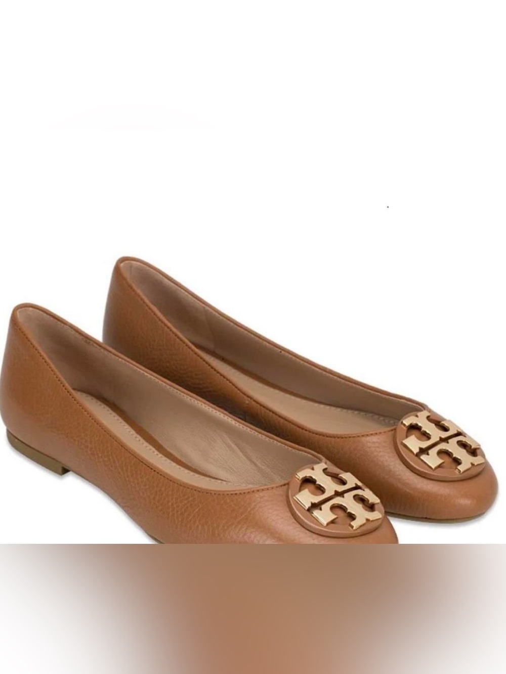 Tory Burch Tan Pebbled Leather Logo Ballet Flats